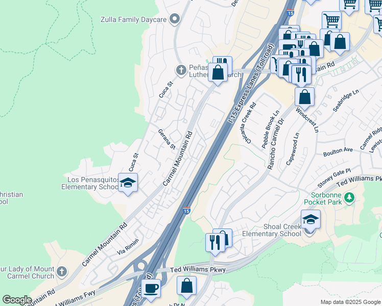 map of restaurants, bars, coffee shops, grocery stores, and more near 11011 Bryce Way in San Diego