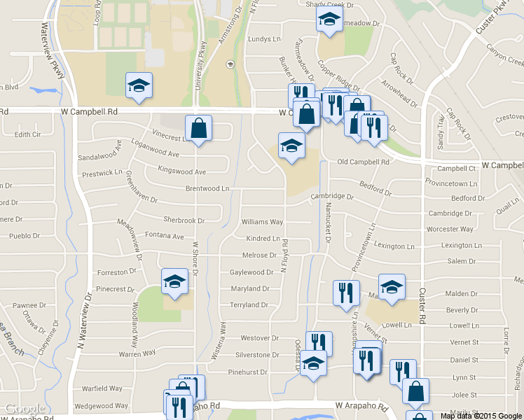 map of restaurants, bars, coffee shops, grocery stores, and more near 711 Cambridge Drive in Richardson