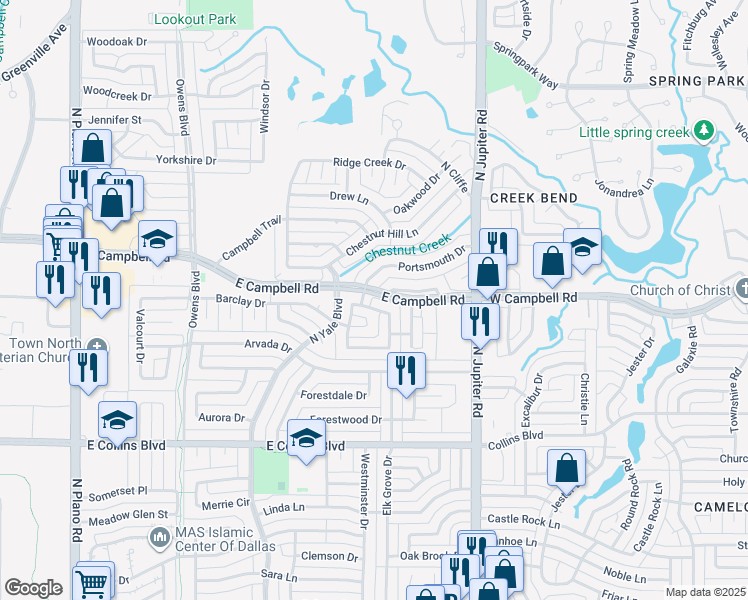map of restaurants, bars, coffee shops, grocery stores, and more near 1907 East Campbell Road in Richardson