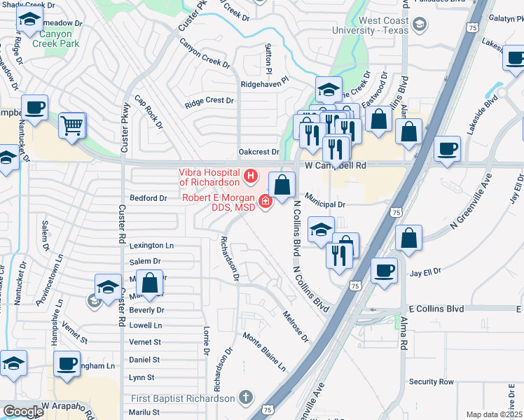 map of restaurants, bars, coffee shops, grocery stores, and more near 375 Municipal Drive in Richardson