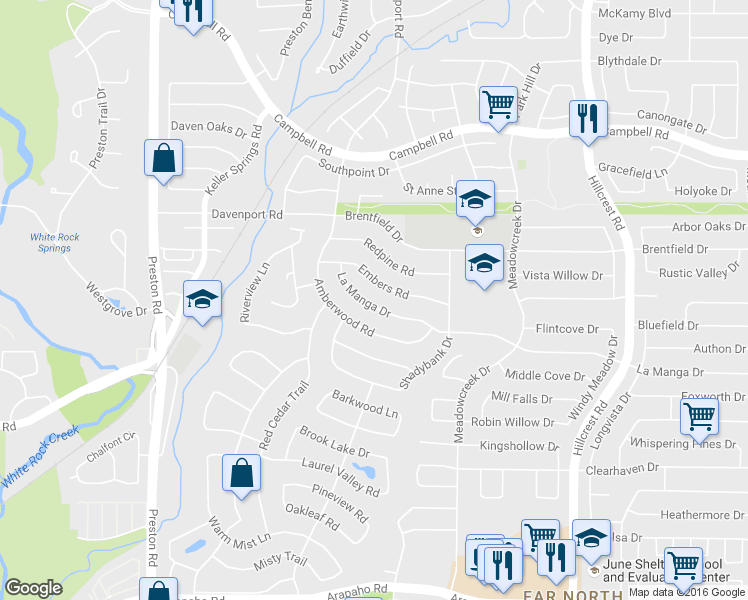 map of restaurants, bars, coffee shops, grocery stores, and more near 6435 La Manga Drive in Dallas