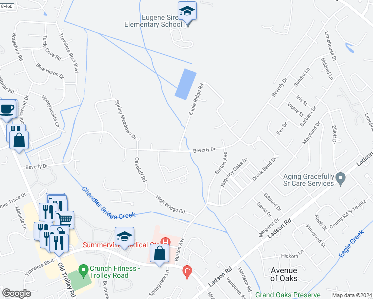 map of restaurants, bars, coffee shops, grocery stores, and more near 526 Beverly Drive in Summerville