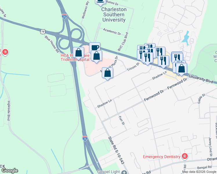 map of restaurants, bars, coffee shops, grocery stores, and more near 2872 Hagerman Street in North Charleston