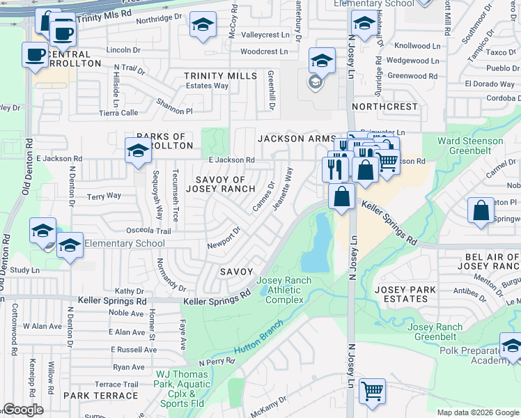 map of restaurants, bars, coffee shops, grocery stores, and more near 2106 Cannes Drive in Carrollton