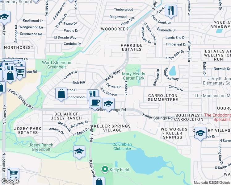 map of restaurants, bars, coffee shops, grocery stores, and more near 2219 San Simeon in Carrollton
