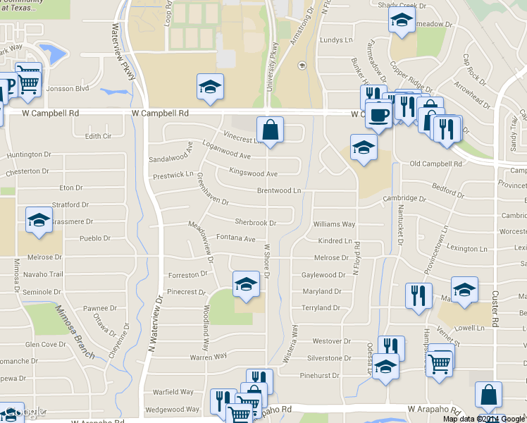 map of restaurants, bars, coffee shops, grocery stores, and more near 801 Greenhaven Drive in Richardson