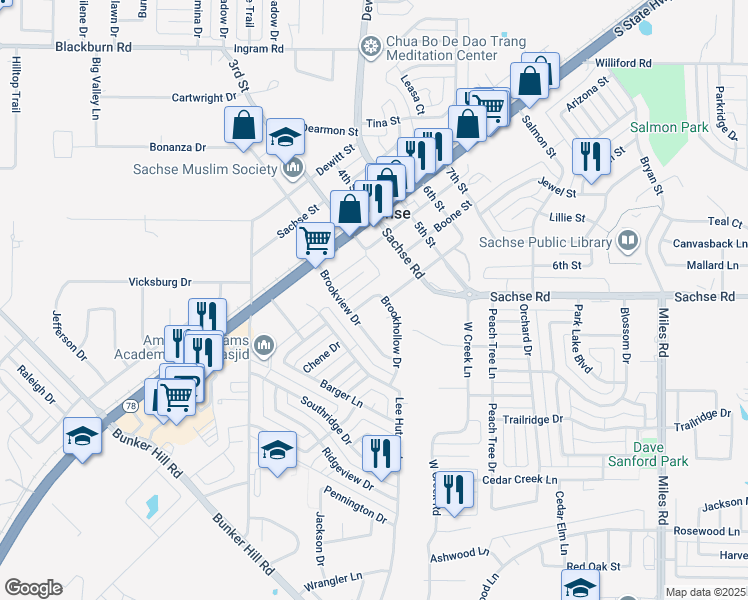 map of restaurants, bars, coffee shops, grocery stores, and more near 5309 Brookhollow Drive in Sachse