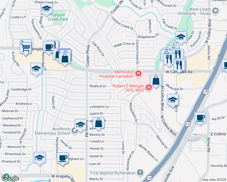 map of restaurants, bars, coffee shops, grocery stores, and more near 400 Cambridge Drive in Richardson
