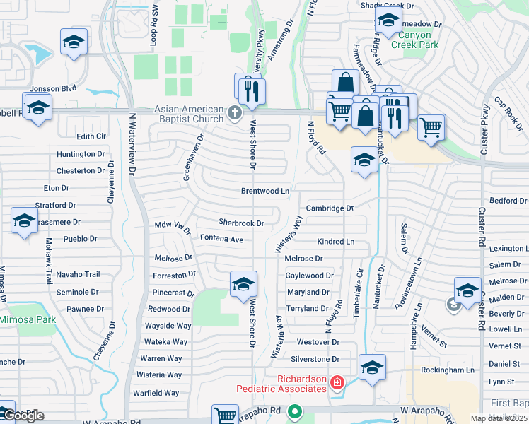 map of restaurants, bars, coffee shops, grocery stores, and more near 739 Greenhaven Drive in Richardson