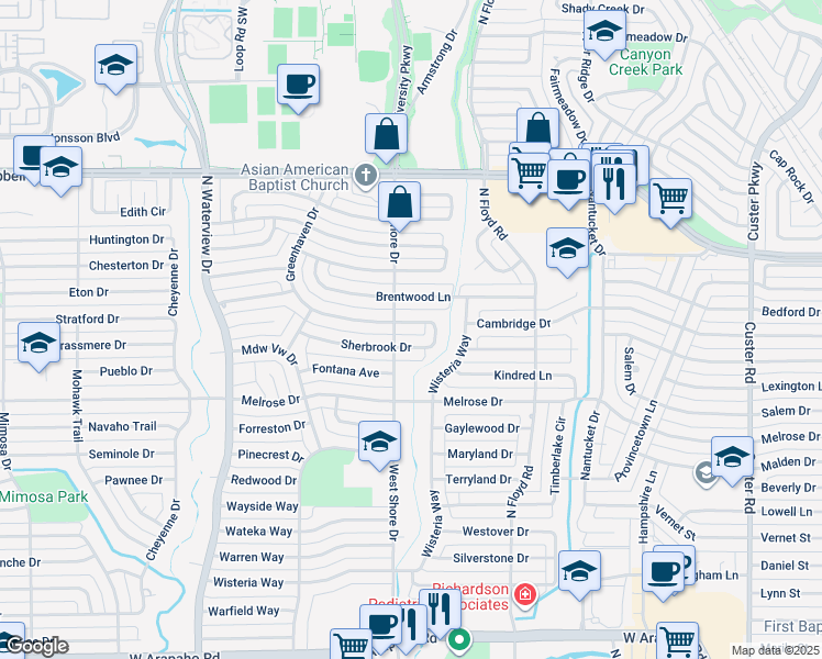 map of restaurants, bars, coffee shops, grocery stores, and more near 739 Greenhaven Drive in Richardson