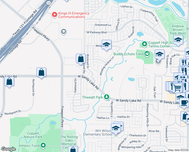 map of restaurants, bars, coffee shops, grocery stores, and more near 132 Bricknell Ln in Coppell