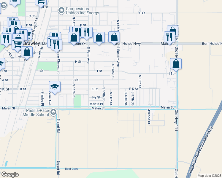 map of restaurants, bars, coffee shops, grocery stores, and more near 1400 K Street in Brawley