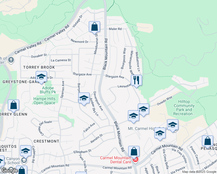 map of restaurants, bars, coffee shops, grocery stores, and more near 9346 Laurentian Drive in San Diego