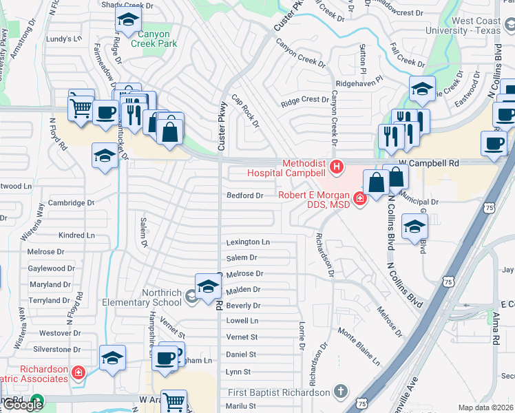 map of restaurants, bars, coffee shops, grocery stores, and more near 412 Cambridge Dr in Richardson