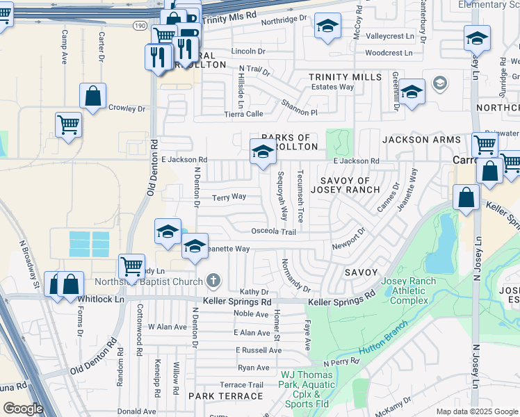 map of restaurants, bars, coffee shops, grocery stores, and more near 2108 Pontiac Drive in Carrollton
