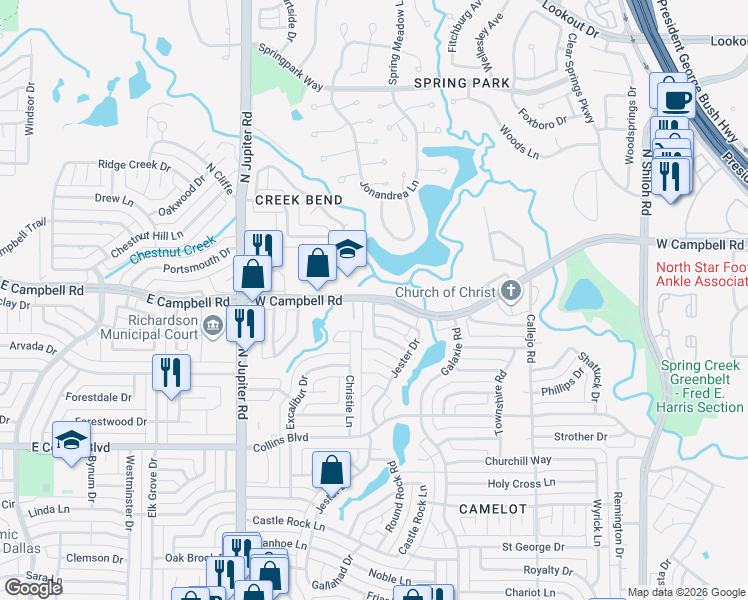 map of restaurants, bars, coffee shops, grocery stores, and more near 3226 West Campbell Road in Garland
