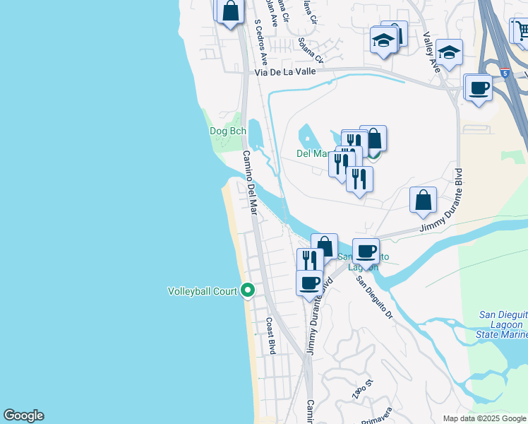 map of restaurants, bars, coffee shops, grocery stores, and more near in Del Mar