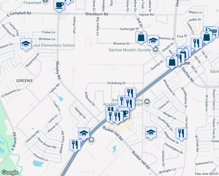 map of restaurants, bars, coffee shops, grocery stores, and more near 5117 Greensboro Drive in Sachse