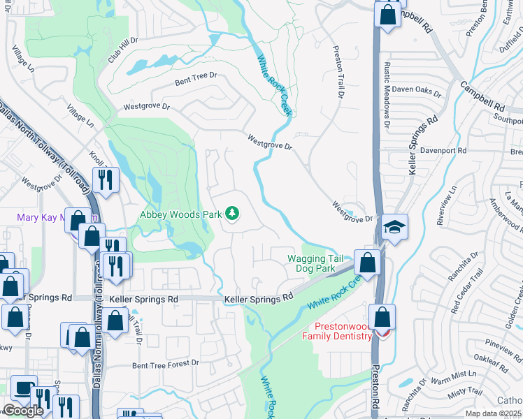 map of restaurants, bars, coffee shops, grocery stores, and more near 42 Braewood Place in Dallas