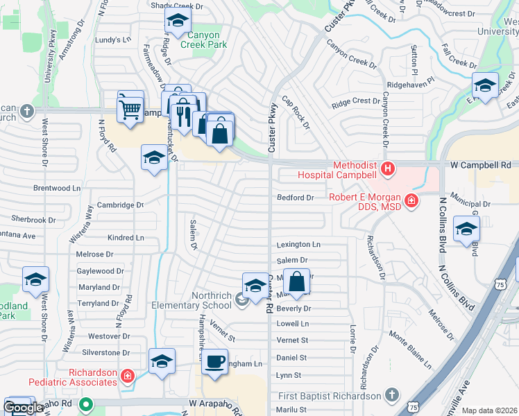 map of restaurants, bars, coffee shops, grocery stores, and more near 504 Cambridge Drive in Richardson