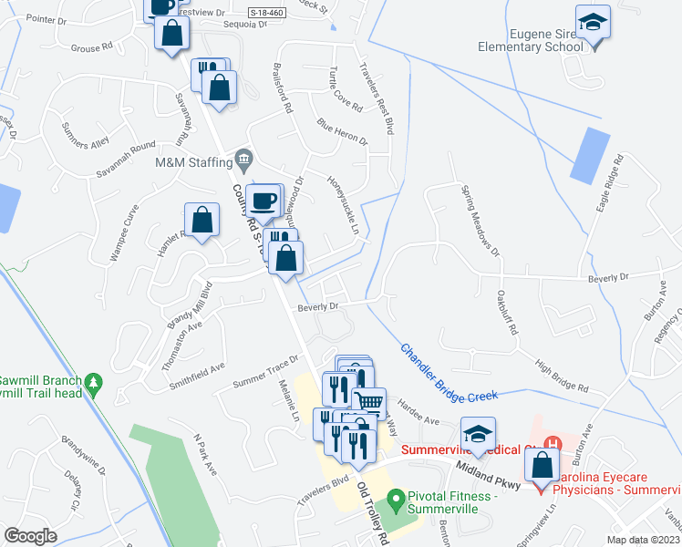 map of restaurants, bars, coffee shops, grocery stores, and more near 200 Old Bridge Lane in Summerville