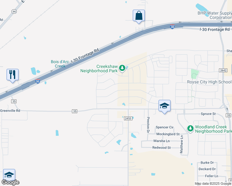 map of restaurants, bars, coffee shops, grocery stores, and more near Farm to Market 35 in Royse City