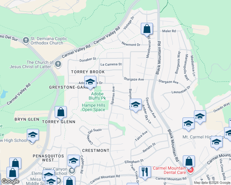 map of restaurants, bars, coffee shops, grocery stores, and more near 8905 Gainsborough Avenue in San Diego