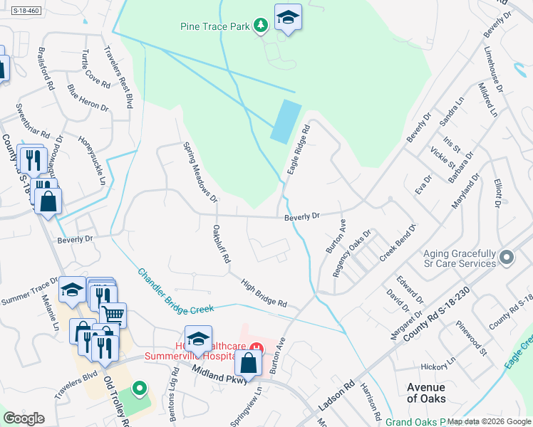 map of restaurants, bars, coffee shops, grocery stores, and more near 536 Beverly Drive in Summerville