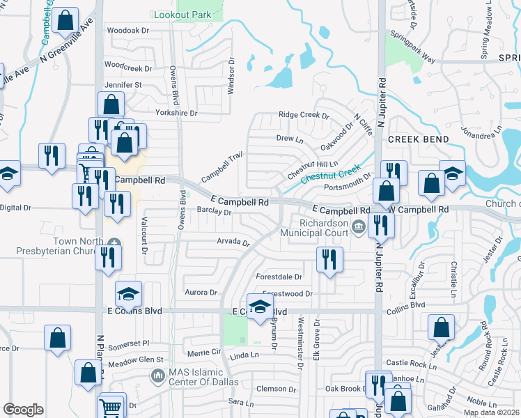 map of restaurants, bars, coffee shops, grocery stores, and more near 1717 Barclay Drive in Richardson