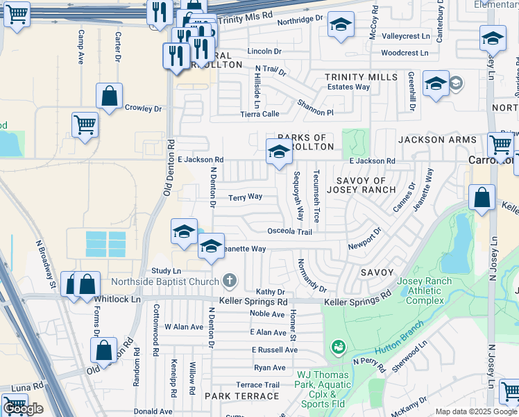 map of restaurants, bars, coffee shops, grocery stores, and more near 1027 Geronimo Arrow in Carrollton