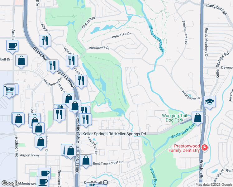 map of restaurants, bars, coffee shops, grocery stores, and more near 5806 Bent Trail in Dallas