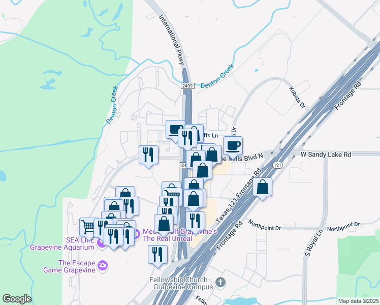 map of restaurants, bars, coffee shops, grocery stores, and more near FM2499 & Grapevine Mills Pkwy & International Pkwy in Grapevine