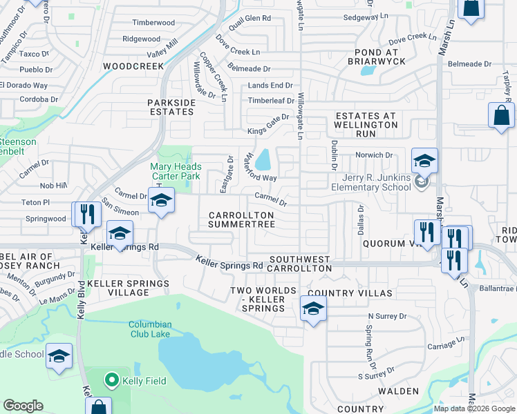 map of restaurants, bars, coffee shops, grocery stores, and more near 2605 Winterlake Drive in Carrollton