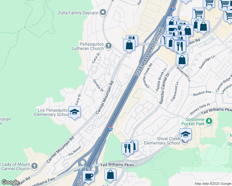 map of restaurants, bars, coffee shops, grocery stores, and more near 11011 Peyton Way in San Diego