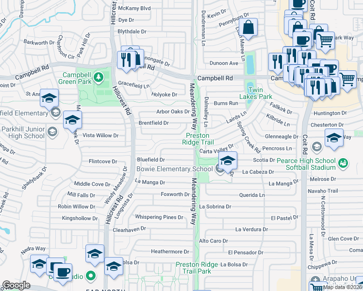 map of restaurants, bars, coffee shops, grocery stores, and more near 7411 Carta Valley Drive in Dallas