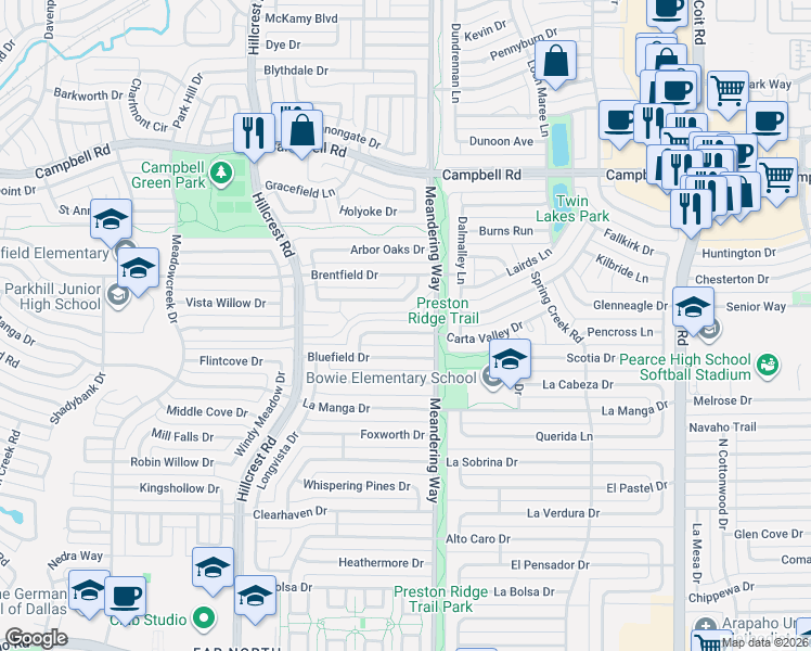 map of restaurants, bars, coffee shops, grocery stores, and more near 7411 Carta Valley Drive in Dallas