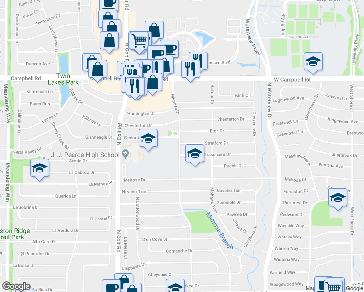 map of restaurants, bars, coffee shops, grocery stores, and more near 1221 Stratford Drive in Richardson