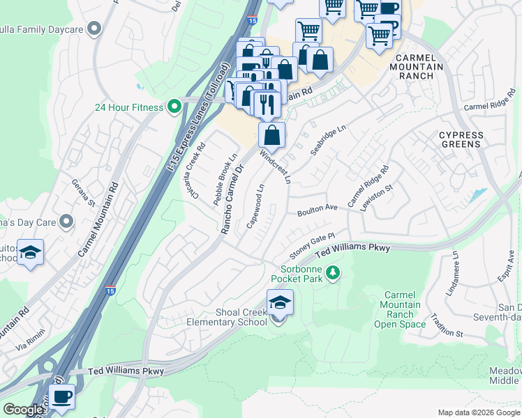map of restaurants, bars, coffee shops, grocery stores, and more near 14045 Capewood Lane in San Diego