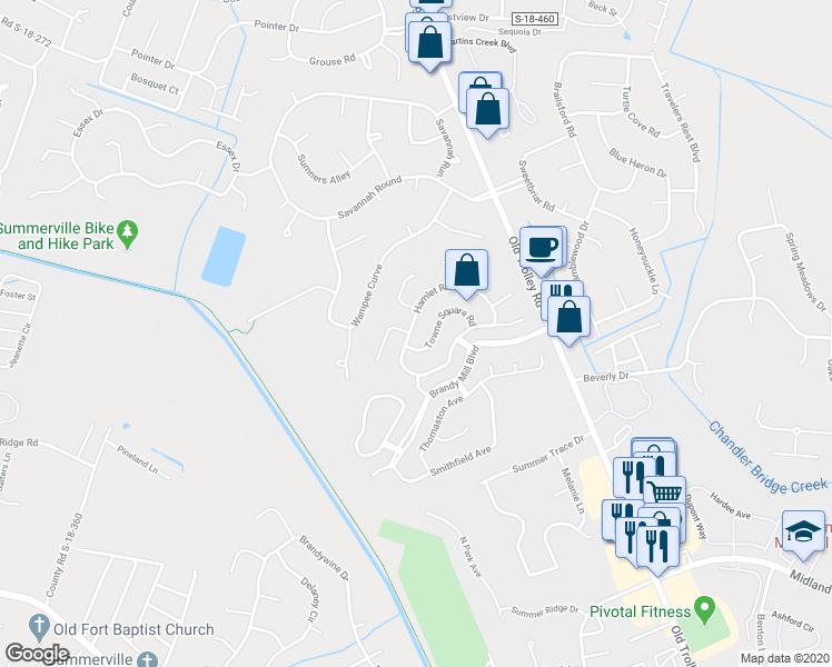 map of restaurants, bars, coffee shops, grocery stores, and more near 319 Hamlet Road in Summerville