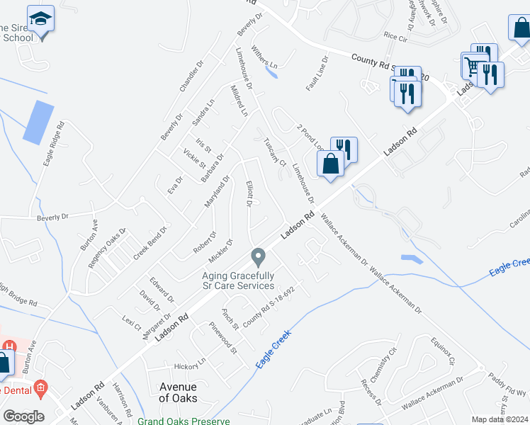 map of restaurants, bars, coffee shops, grocery stores, and more near 114 Louise Court in Ladson