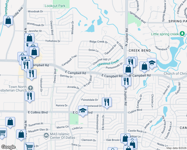 map of restaurants, bars, coffee shops, grocery stores, and more near 1817 Park Meadow Lane in Richardson