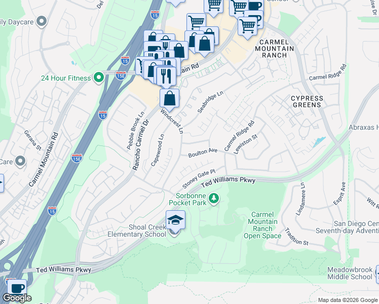 map of restaurants, bars, coffee shops, grocery stores, and more near 11612 Boulton Avenue in San Diego
