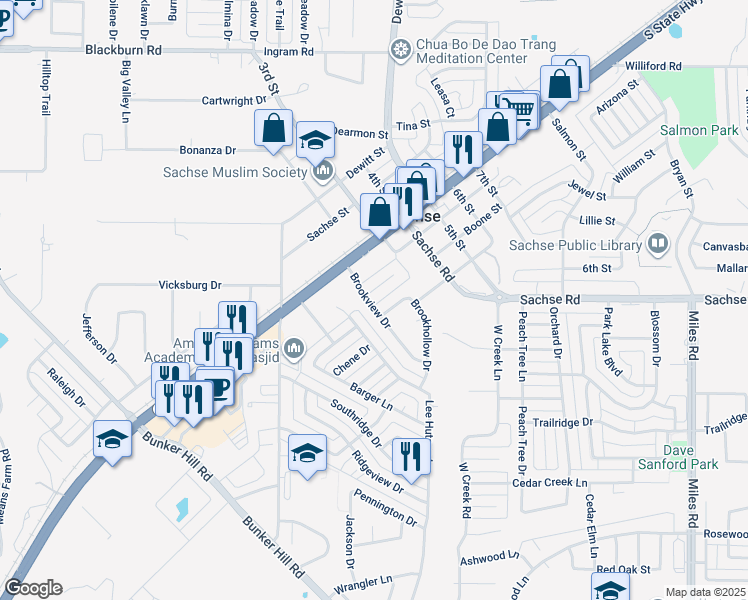 map of restaurants, bars, coffee shops, grocery stores, and more near 5510 Brookview Court in Sachse