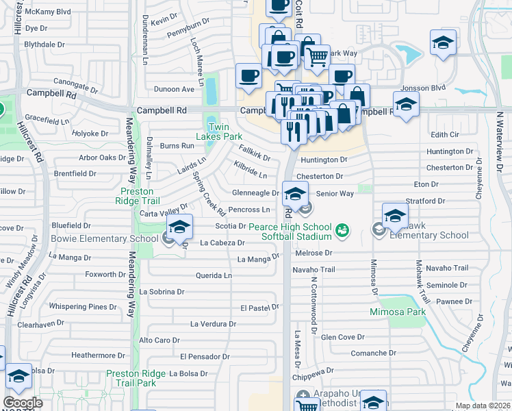 map of restaurants, bars, coffee shops, grocery stores, and more near 7815 Pencross Lane in Dallas