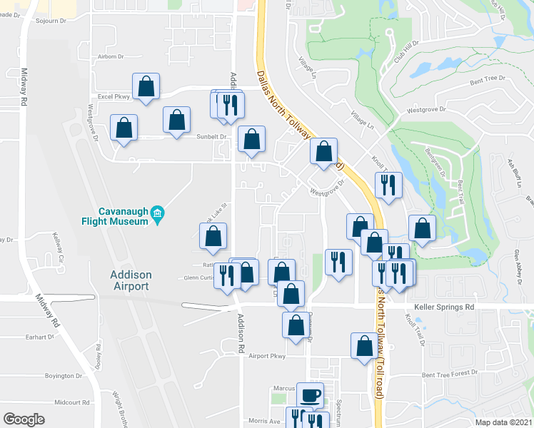 map of restaurants, bars, coffee shops, grocery stores, and more near 16315 Ledgemont Lane in Addison