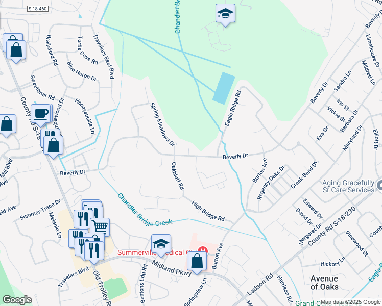 map of restaurants, bars, coffee shops, grocery stores, and more near 550 Beverly Drive in Summerville