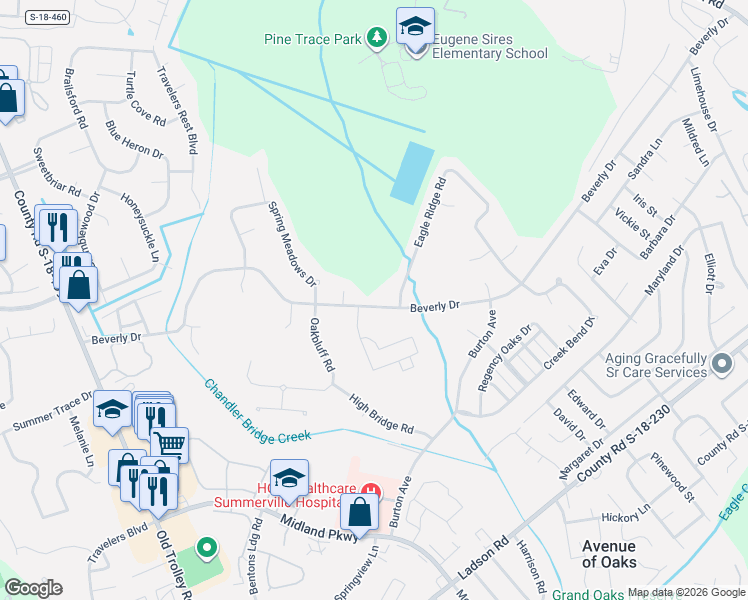 map of restaurants, bars, coffee shops, grocery stores, and more near 536 Beverly Drive in Summerville
