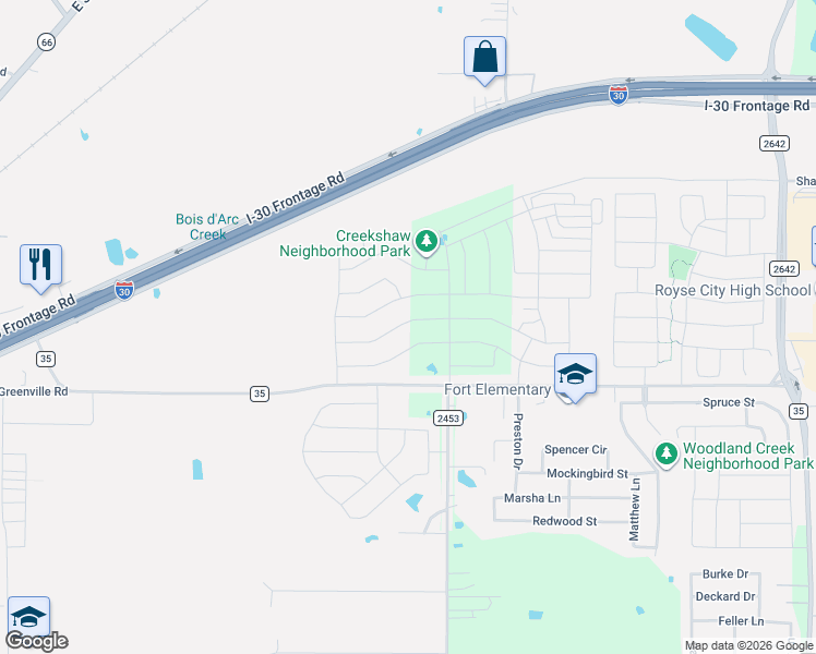map of restaurants, bars, coffee shops, grocery stores, and more near 3128 Wind Knot Way in Royse City