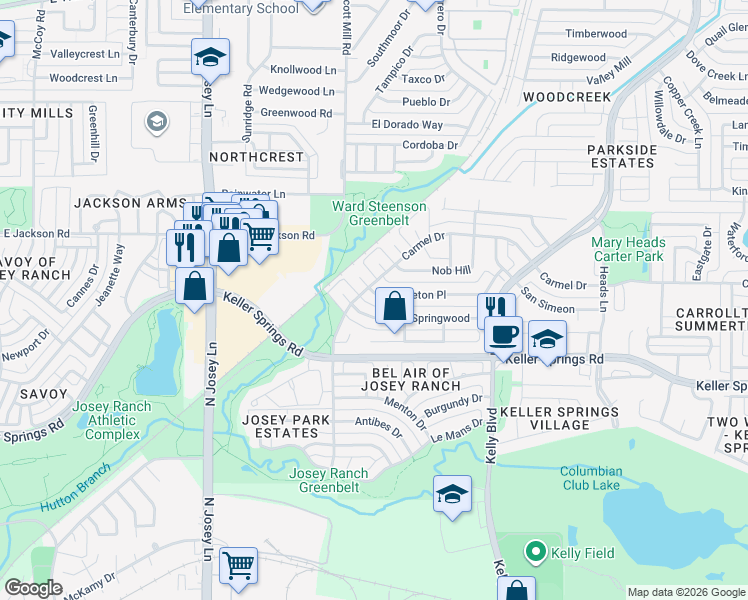 map of restaurants, bars, coffee shops, grocery stores, and more near 2101 Springwood in Carrollton