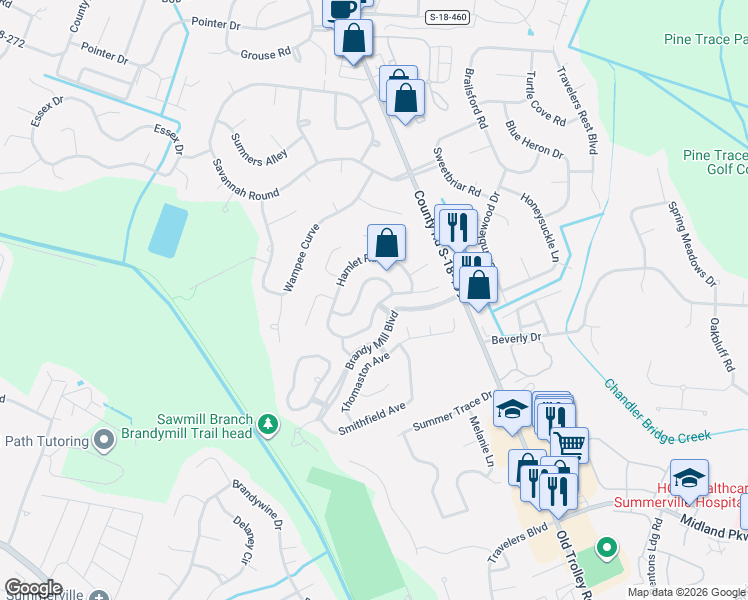 map of restaurants, bars, coffee shops, grocery stores, and more near 125 Towne Square Road in Summerville